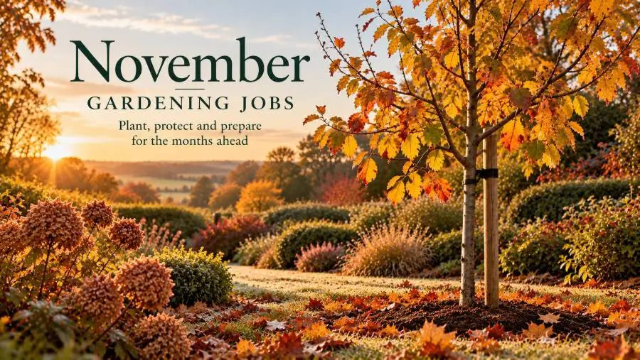 A warm autumn landscape with a young tree, colourful shrubs, fallen leaves, and the text 'November Gardening Jobs' over a golden sunset sky.
