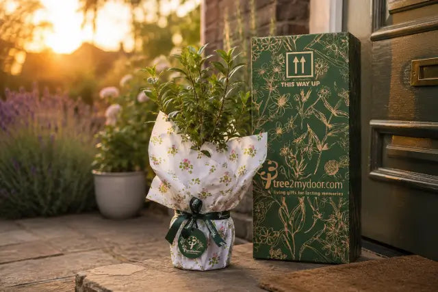 Tree2mydoor gift box with a gift wrapped plant gift on a doorstep in a Summer evening.