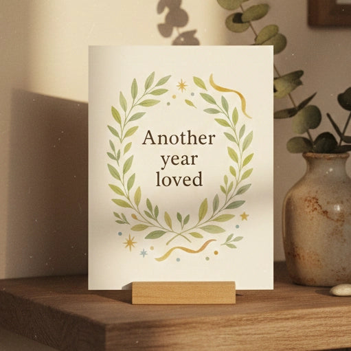 A 'Another year loved' greeting card placed on a mantelpiece.