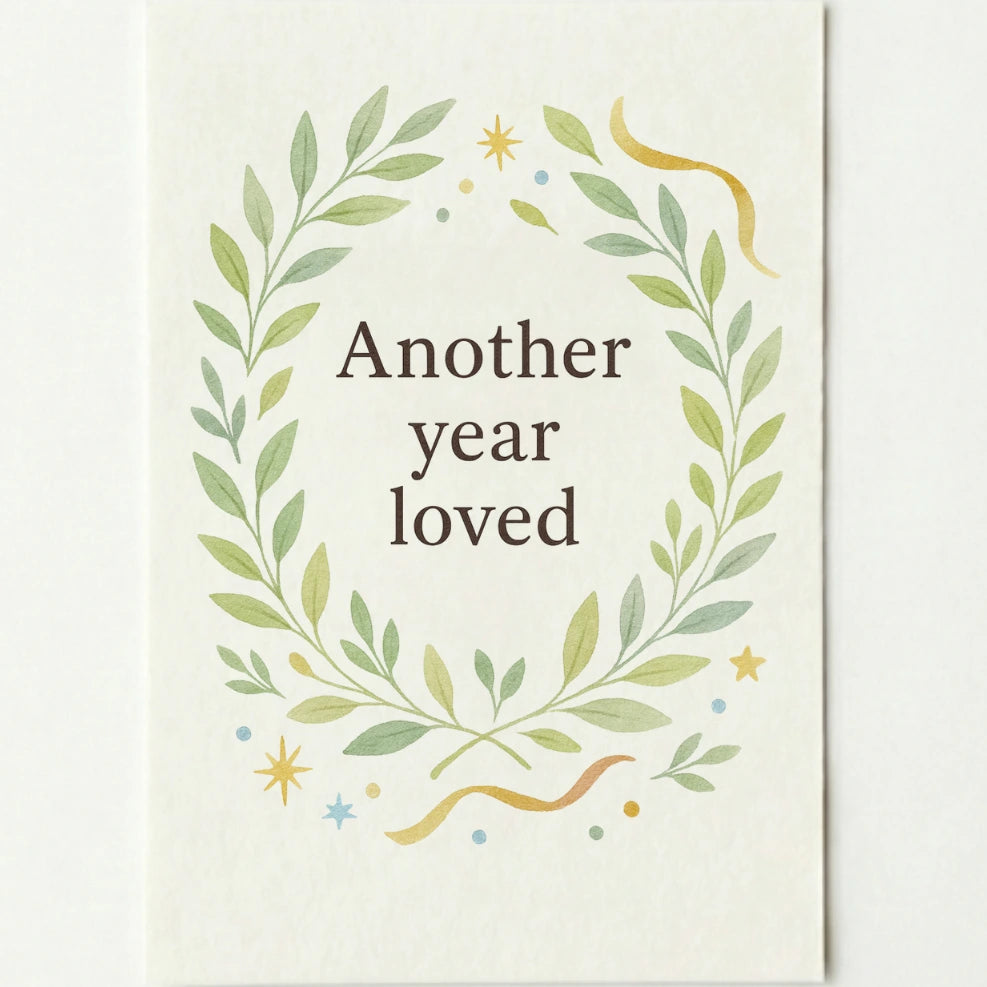 'Another year loved' card on a plain white background.