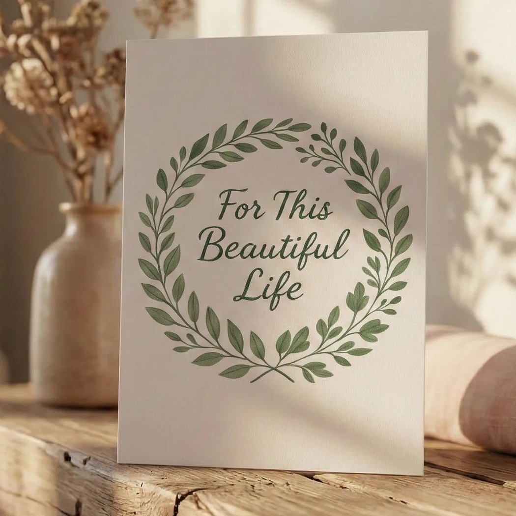 A 'For this beautiful life' card resting on a mantelpiece.