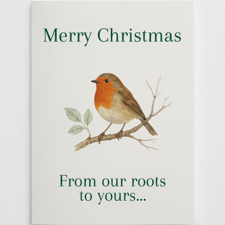 'From our roots' card on a plain white background.