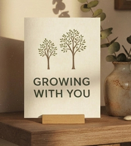 A 'Growing with you' card on a mantelpiece.