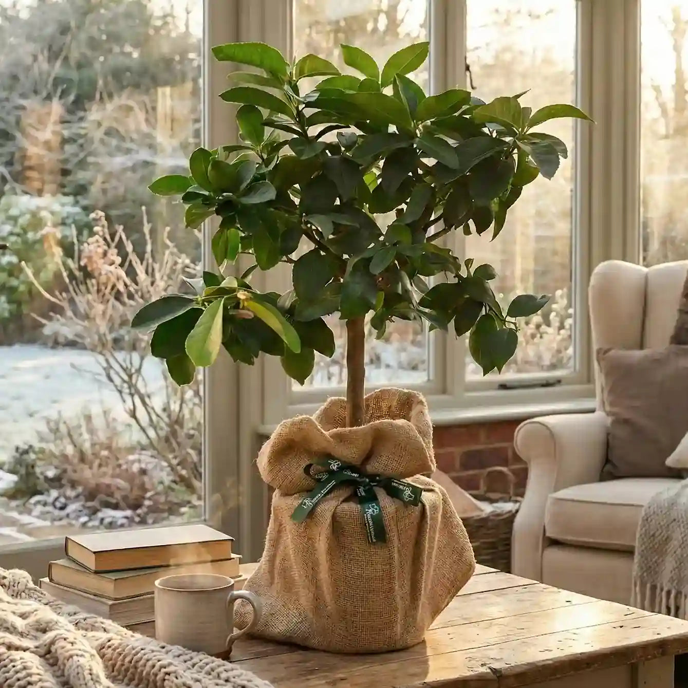 A lemon tree gift from Tree2mydoor, wrapped in hessian and tied with Tree2mydoor branded ribbon. It is placed on a table in a cool conservatory with a viw outside to a frosty garden.