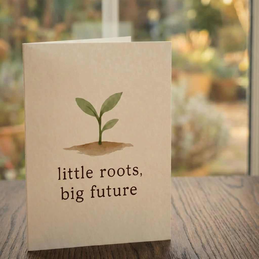 A 'little roots, big future' card from Tree2mydoor placed on a table in front of a window with a garden view.
