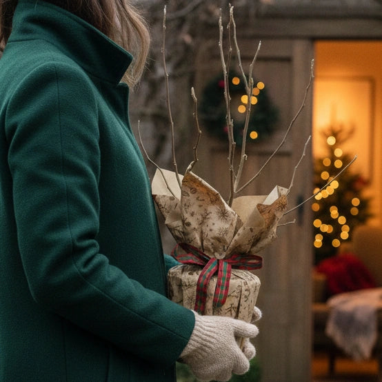 A Magnolia tree gift from tree2mydoor wrapped in festive Christmas Kraft paper and tied off with red and green ribbon. It is being carried by a gift recipient who is ready to plant in their garden.