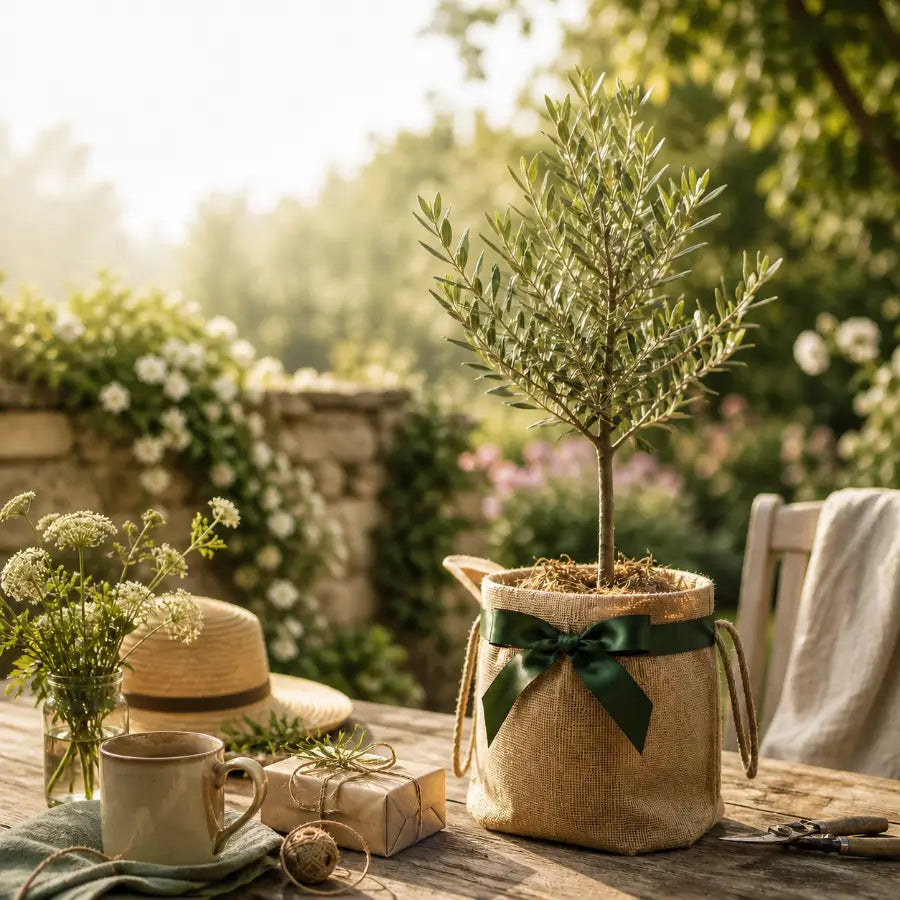Potted olive tree with a decorative bow on a table outdoors.