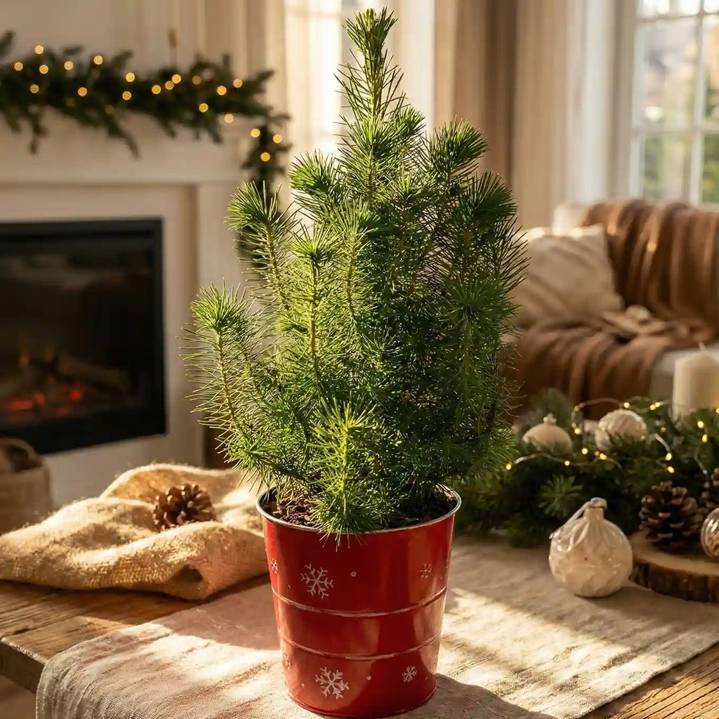 A real mini Christmas tree in a red zinc pot, placed on a table in a festive living room.