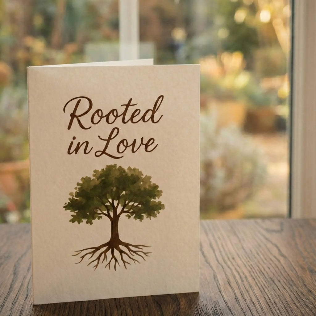A 'Rooted in love' card from Tree2mydoor placed on a table in front of a window with a garden view.