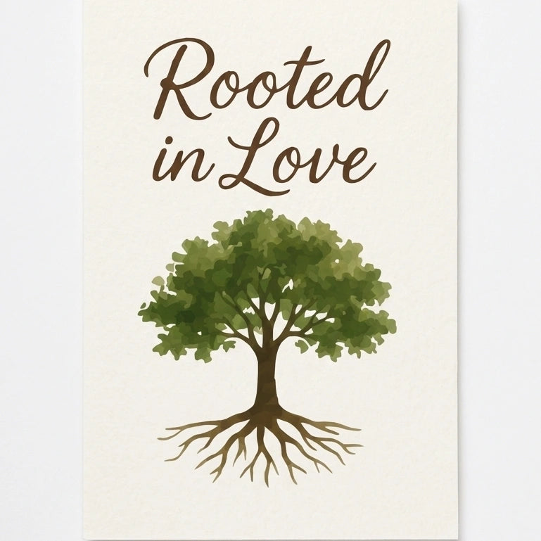 'rooted in love' card on a plain white background.