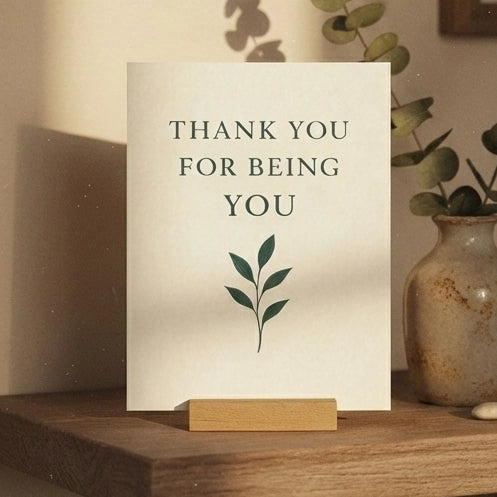 A 'Thank you for being you' card on a mantelpiece.