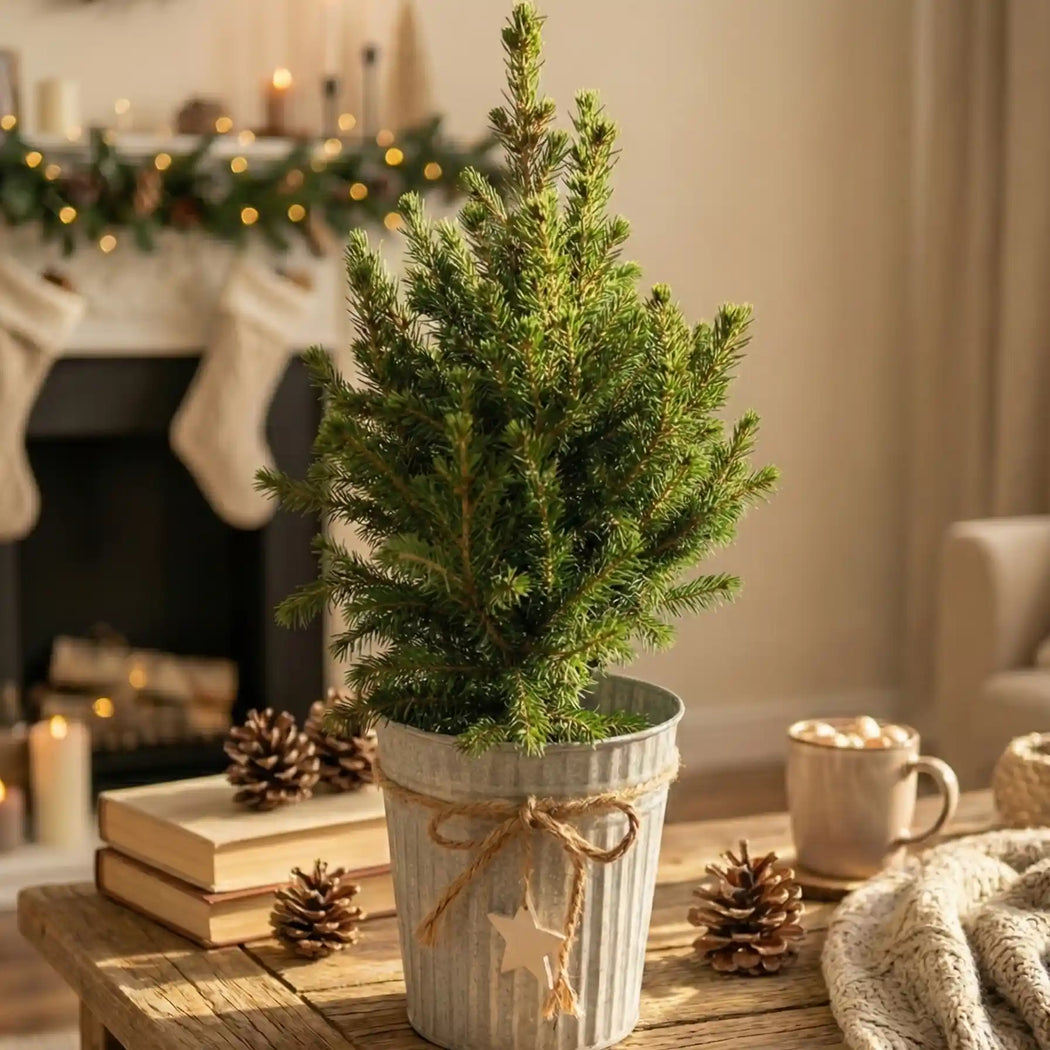 A real mini Christmas tree in a white zinc pot, placed on a table in a festive living room. Pine cones are scattered on the table, garland and Christmas stockings decorate the fireplace in the background.